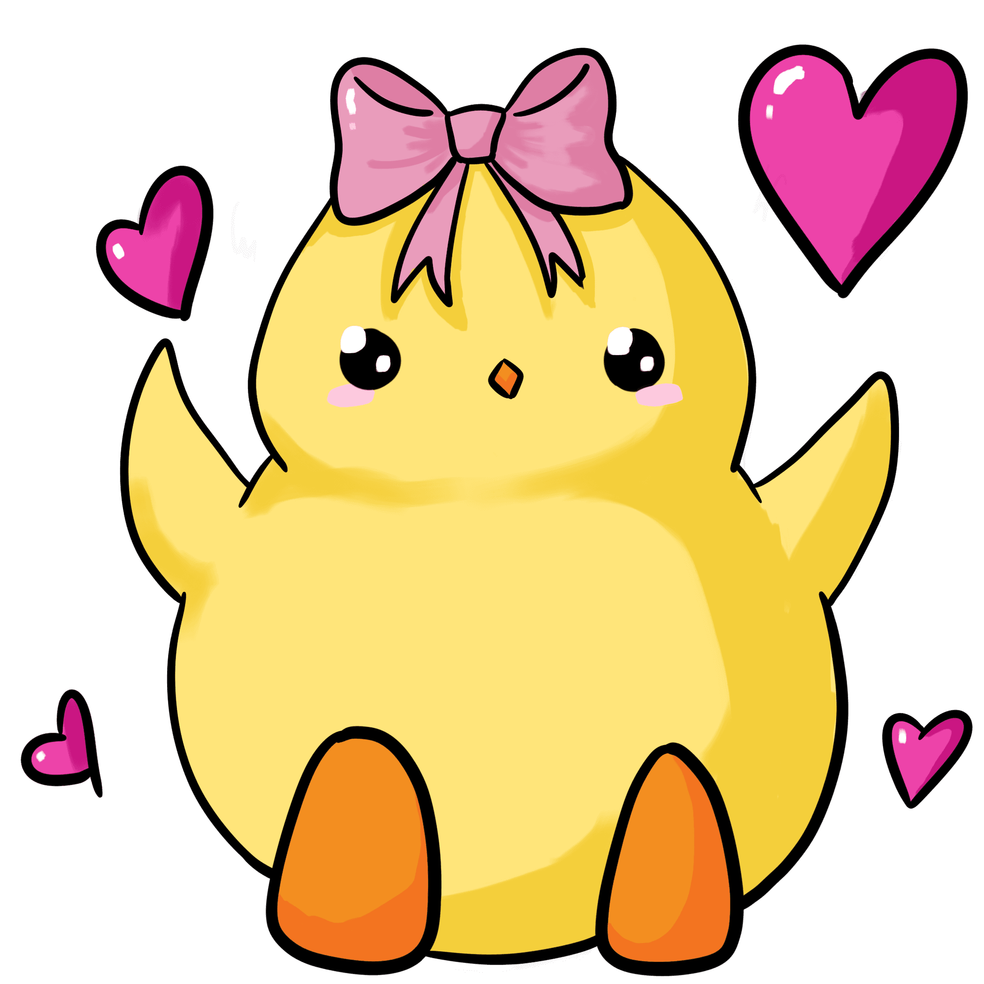 Chicken character with a pink bow and hearts