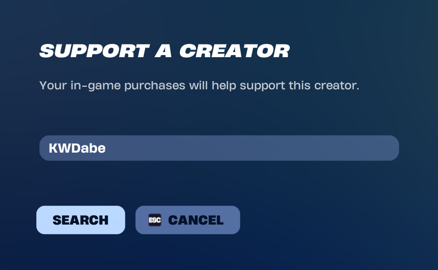 Fortnite Support-A-Creator screen showing creator code KWDabe